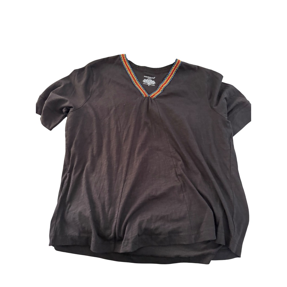 Westbound Womens Top V Neck Short‎ Sleeve Multicolor Trim Plus Size XL